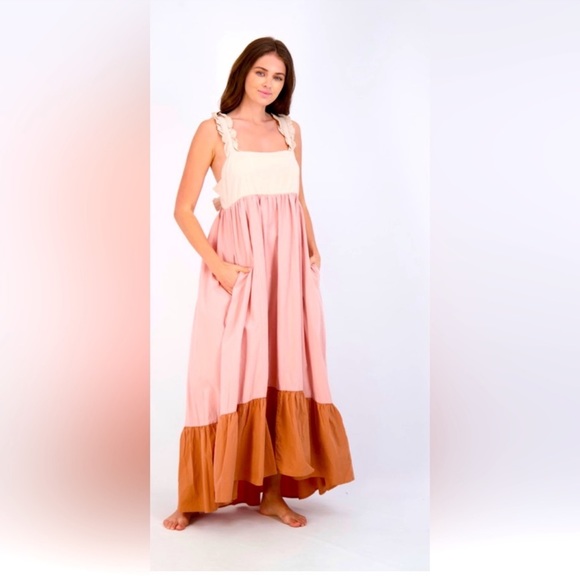 STITCHDROP Colorblock Ruffle Maxi Dress Sundress w Pockets Yellow Tan & Purple - Picture 13 of 16